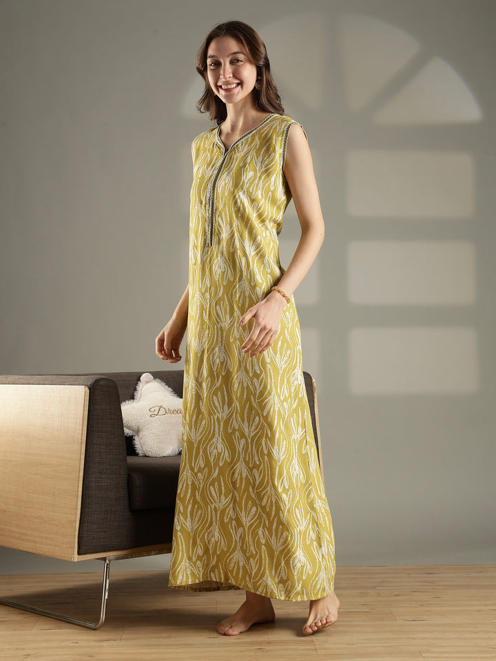 Olive green floral a-line sleeveless nighty for women