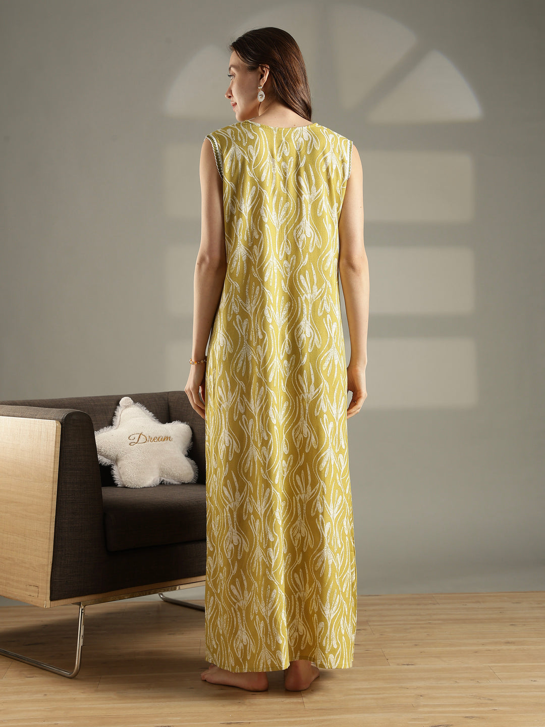 Olive green floral a-line sleeveless nighty for women