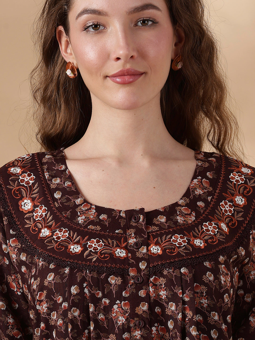 Orange Shade Alpine Floral Embroidered Best Nighty Dress For Women