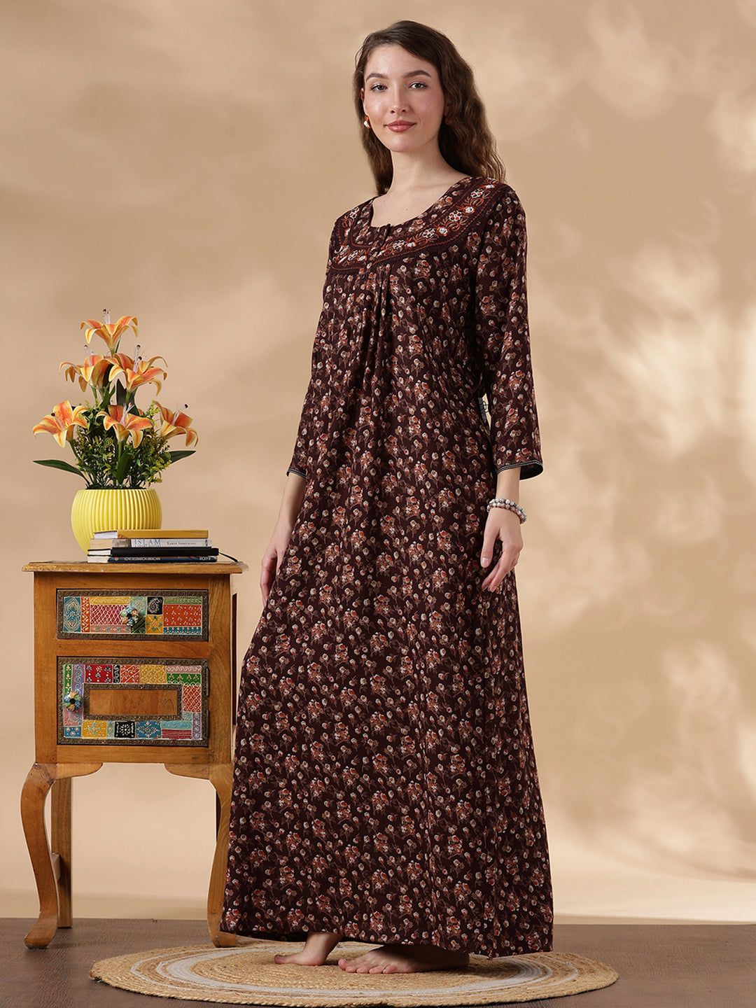 Orange Shade Alpine Floral Embroidered Best Nighty Dress For Women