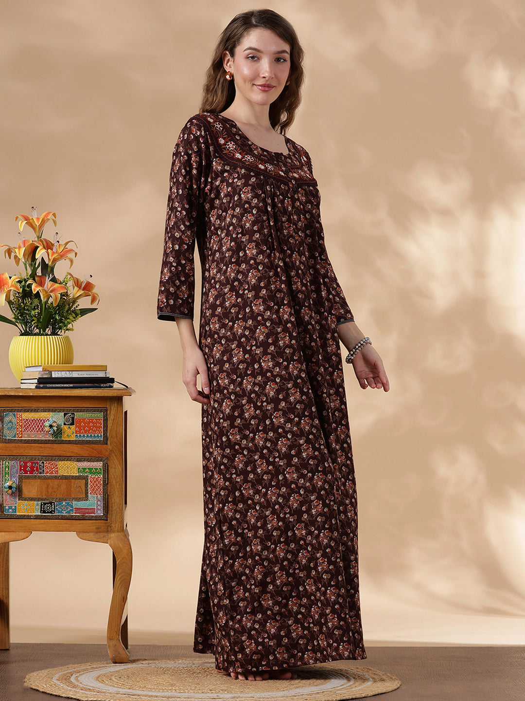 Orange Shade Alpine Floral Embroidered Best Nighty Dress For Women