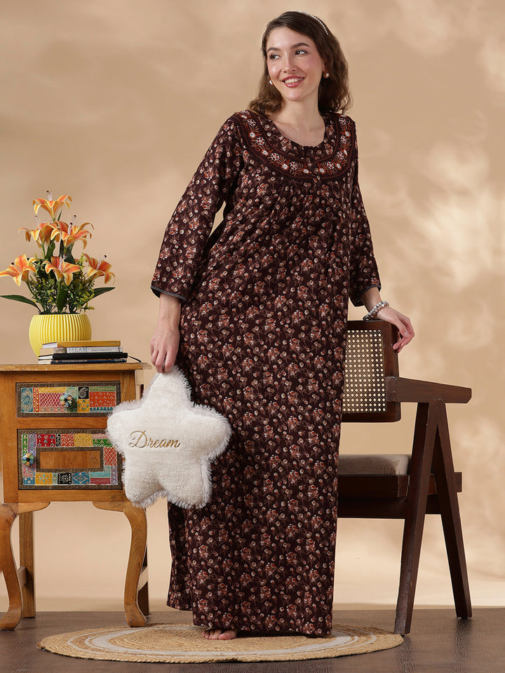 Orange Shade Alpine Floral Embroidered Best Nighty Dress For Women