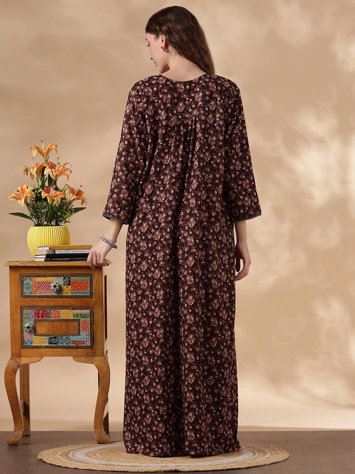 Orange Shade Alpine Floral Embroidered Best Nighty Dress For Women