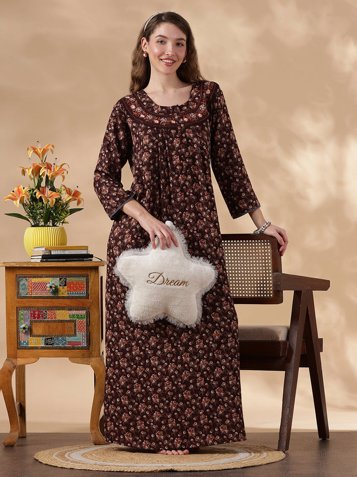 Orange Shade Alpine Floral Embroidered Best Nighty Dress For Women