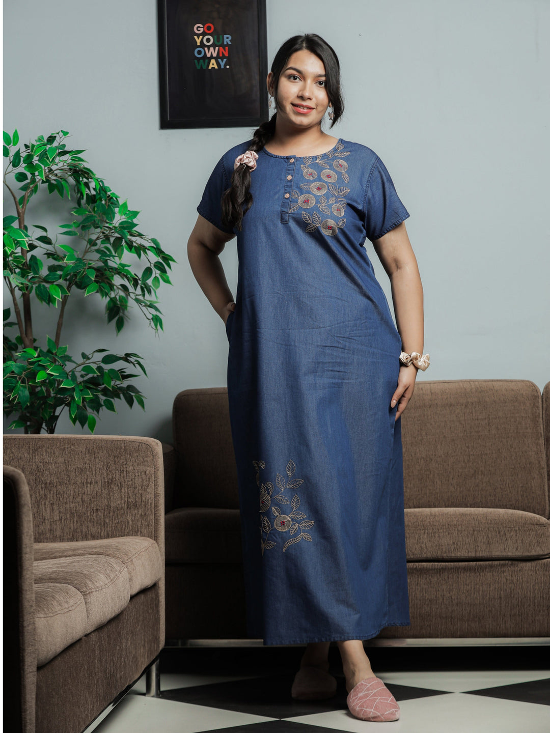  Denim Nighty  Shop Latest Dark Blue Embroidery Nighty Online in India- 9shines label 