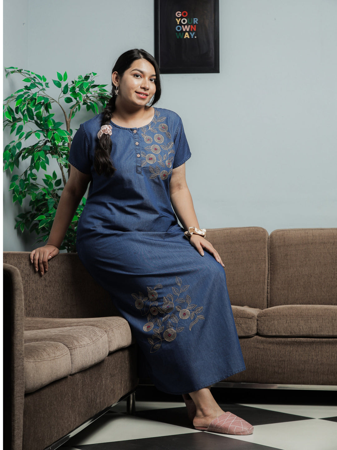  Denim Nighty  Shop Latest Dark Blue Embroidery Nighty Online in India- 9shines label 