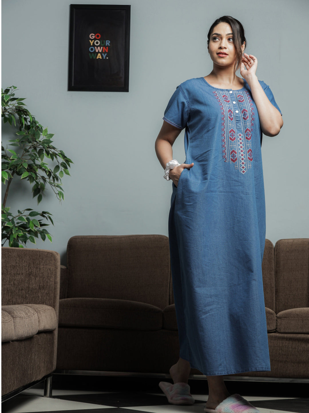  Denim Nighty  Buy Cool and Comfortable Sky Blue Embroidery Nighty Online- 9shines label 