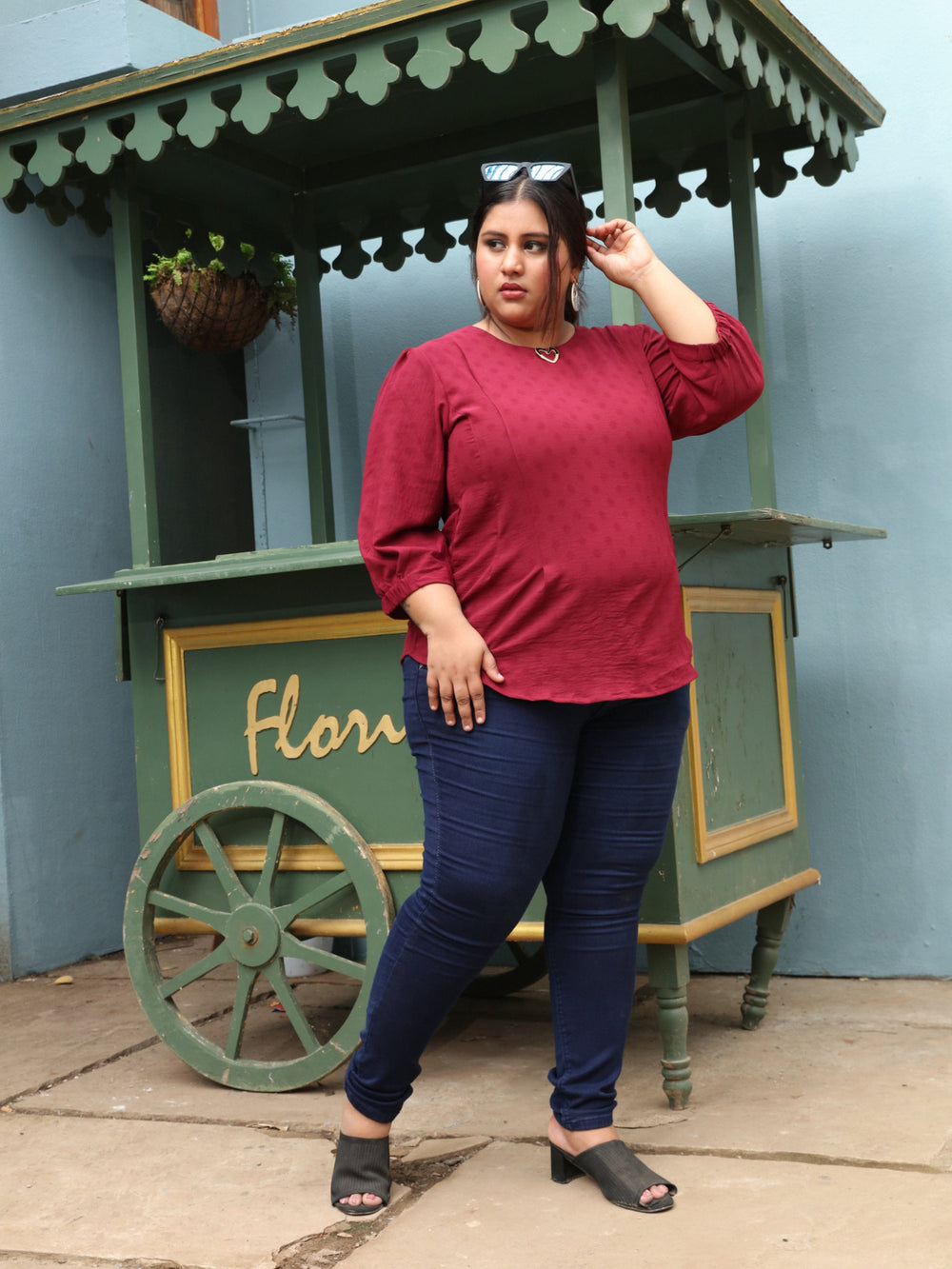 Round Neck Maroon Polyster Plus Size Casual Tops