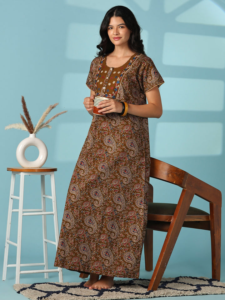 Bronze paisley print cotton night wear for women online