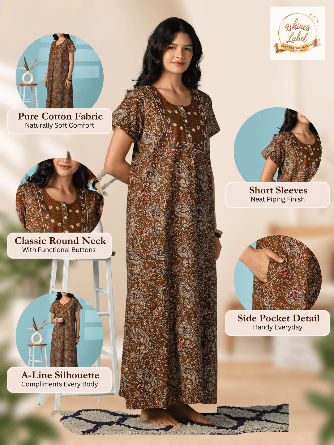 Bronze paisley print cotton night wear for women online