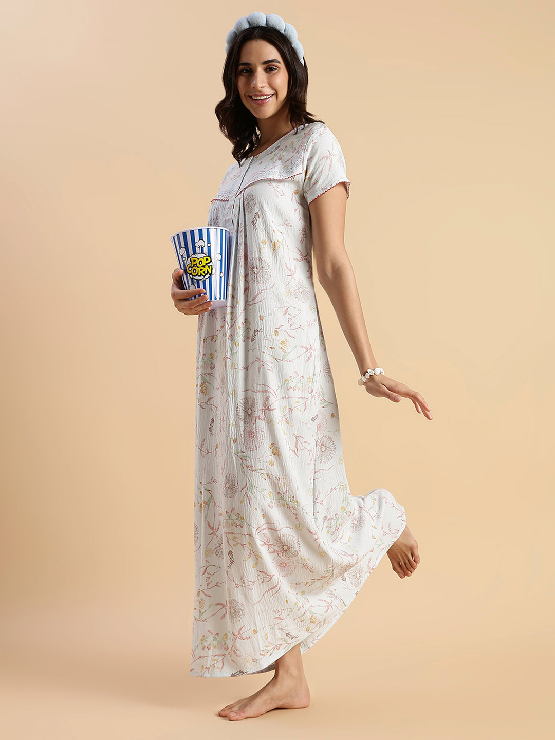 Pastel Blue Floral Crush Cotton Best Nighty For Women