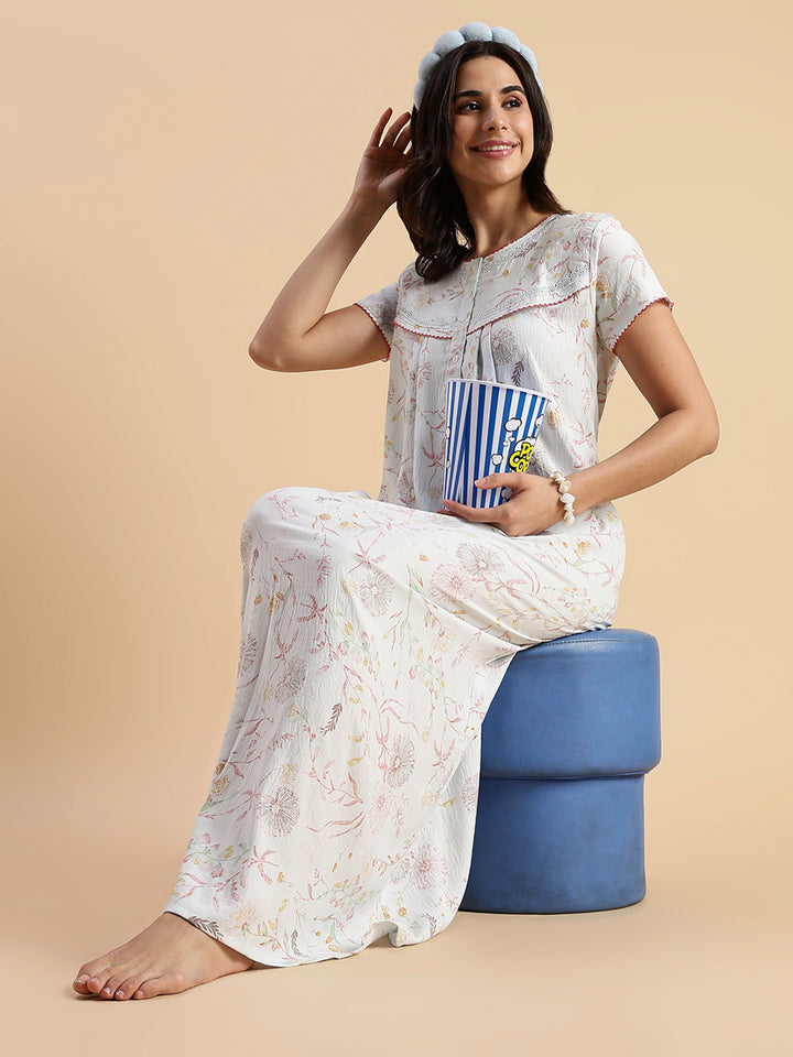 Pastel Blue Floral Crush Cotton Best Nighty For Women