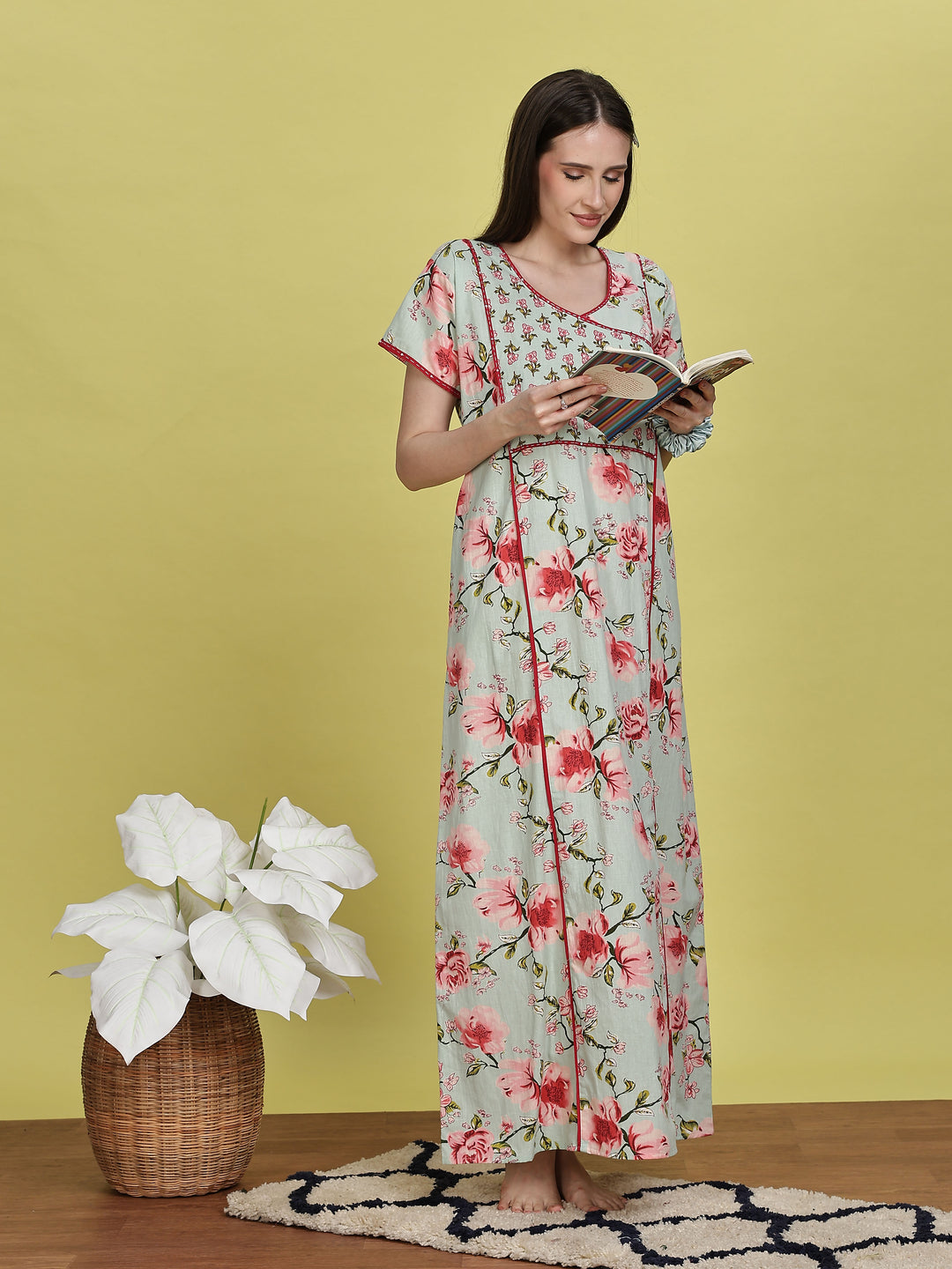 Pastel green floral jaipuri cotton night dress for women