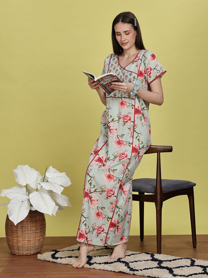 Pastel green floral jaipuri cotton night dress for women