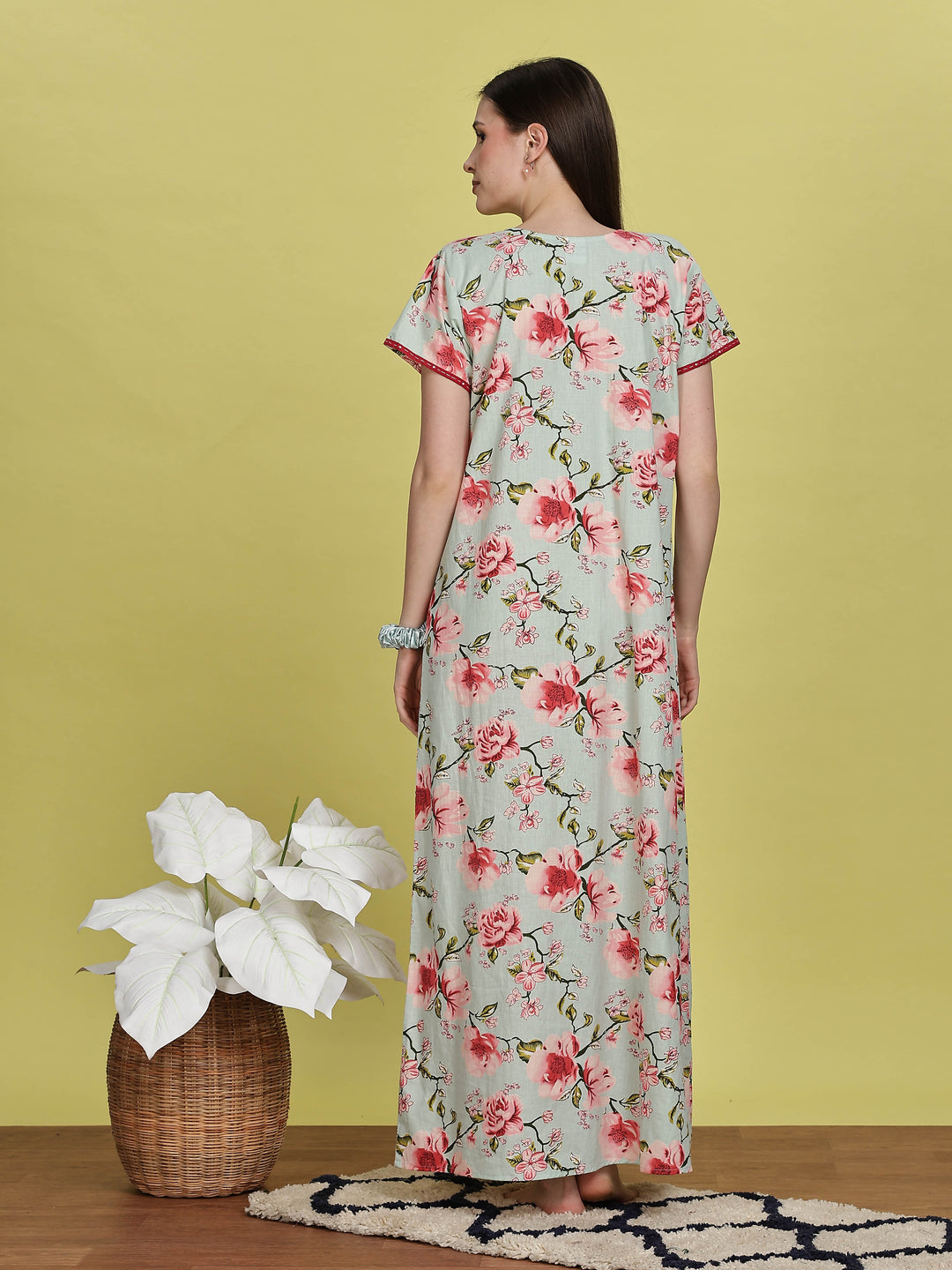 Pastel green floral jaipuri cotton night dress for women