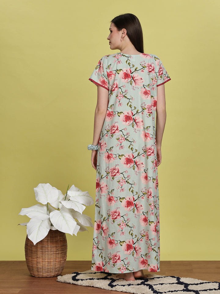 Pastel green floral jaipuri cotton night dress for women