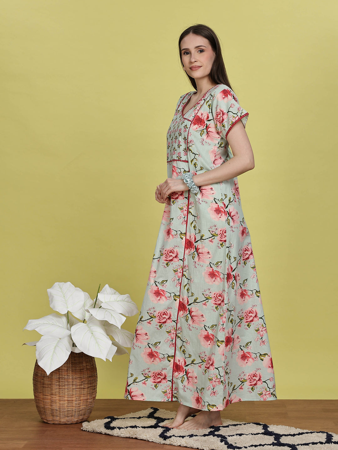 Pastel green floral jaipuri cotton night dress for women