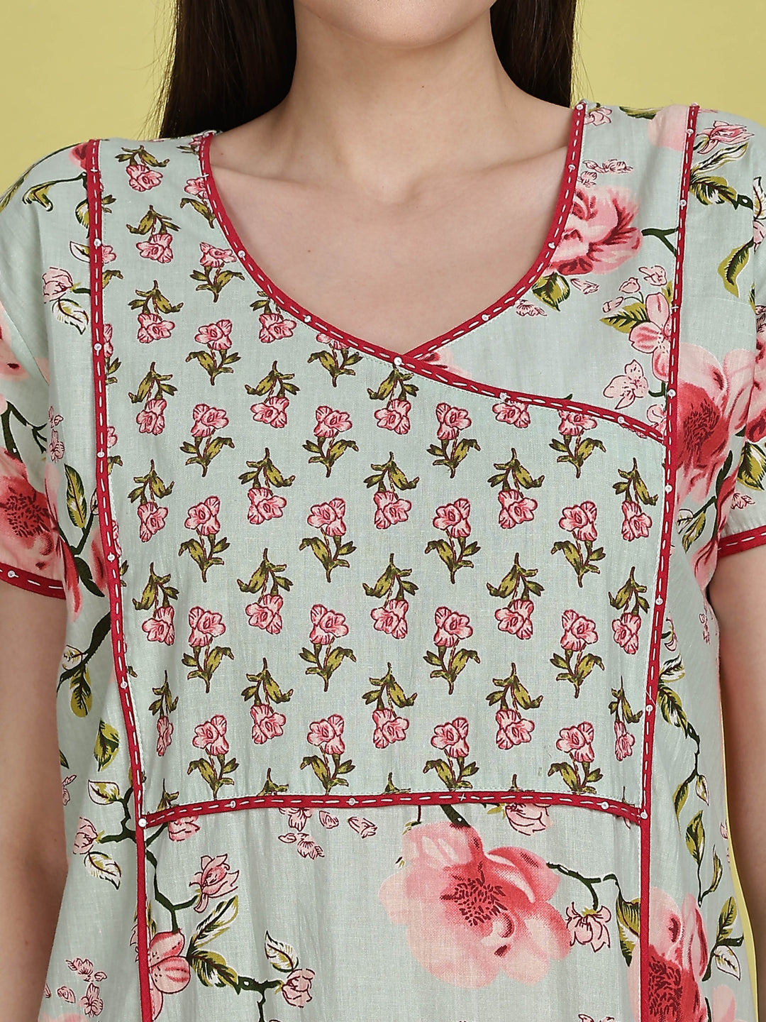 Pastel green floral jaipuri cotton night dress for women