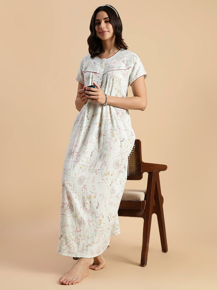 Pastel Green Floral Crush Cotton Branded Nighty