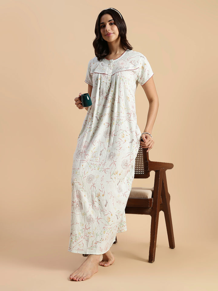 Pastel Green Floral Crush Cotton Branded Nighty
