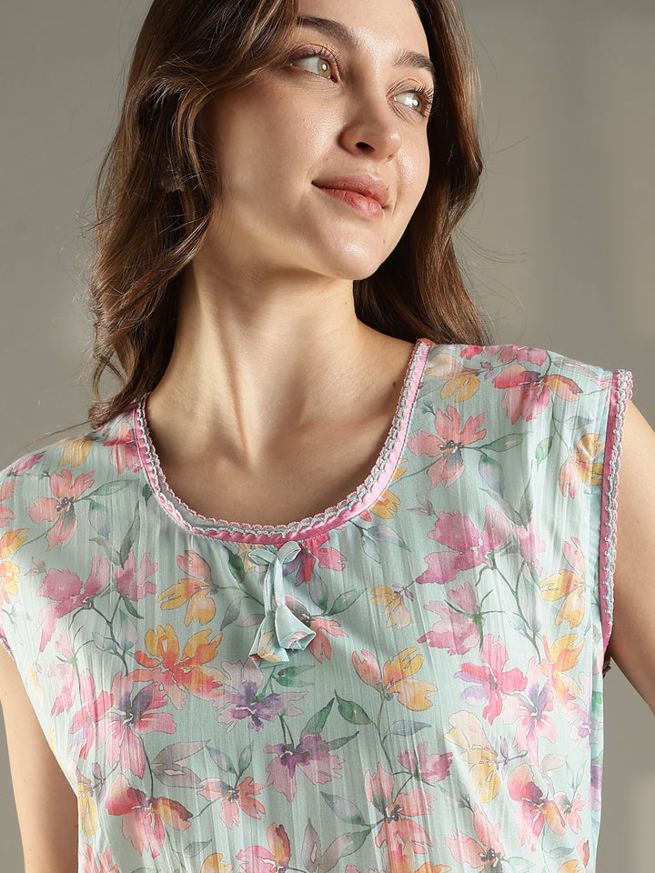 Pastel mint floral sleeveless summer nightwear for women