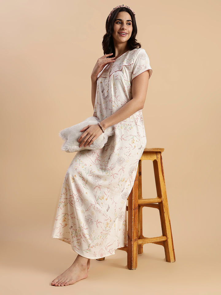 Pastel Peach Floral Crush Cotton Best Nighty For Women