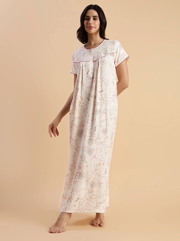 Pastel Peach Floral Crush Cotton Best Nighty For Women