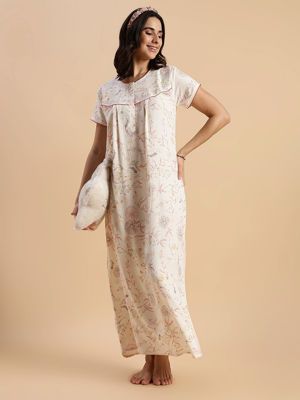 Pastel Peach Floral Crush Cotton Best Nighty For Women