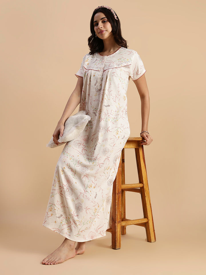 Pastel Peach Floral Crush Cotton Best Nighty For Women