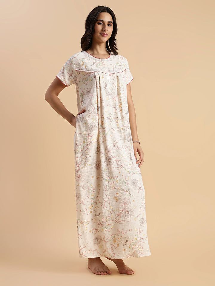 Pastel Peach Floral Crush Cotton Best Nighty For Women