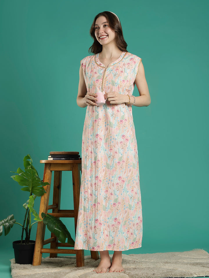 Pastel peach floral sleeveless bamboo cotton womens nighty