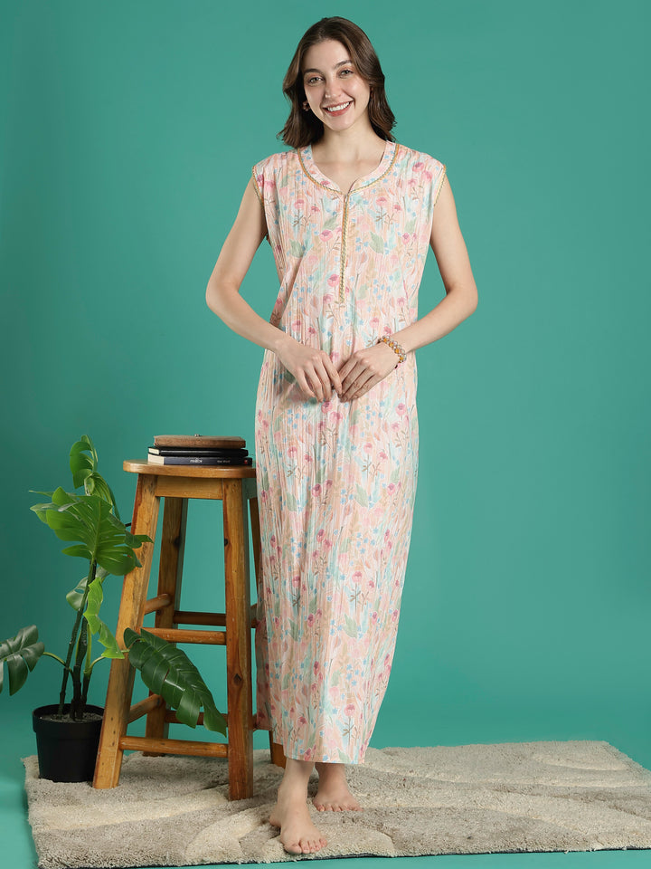Pastel peach floral sleeveless bamboo cotton womens nighty