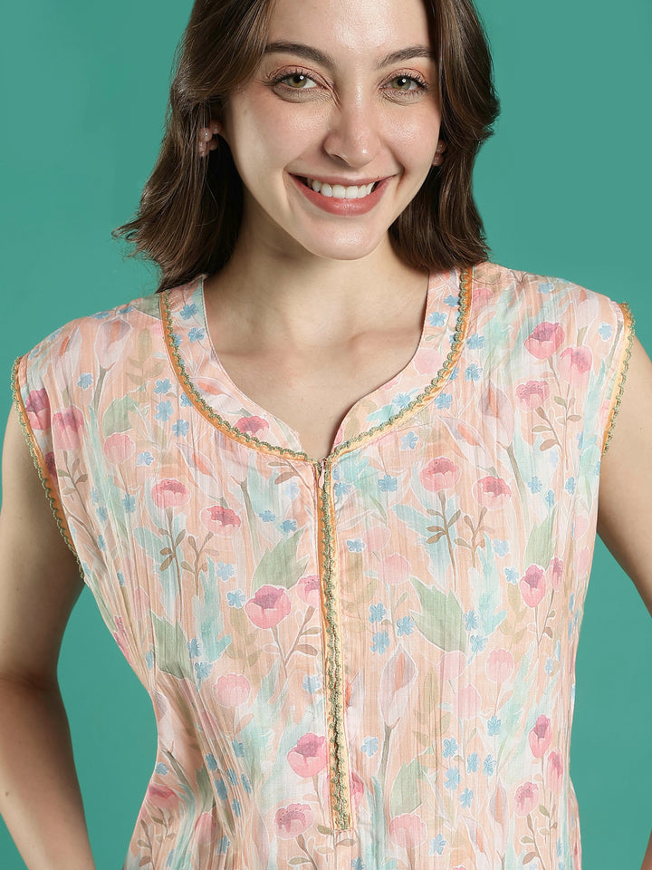Pastel peach floral sleeveless bamboo cotton womens nighty