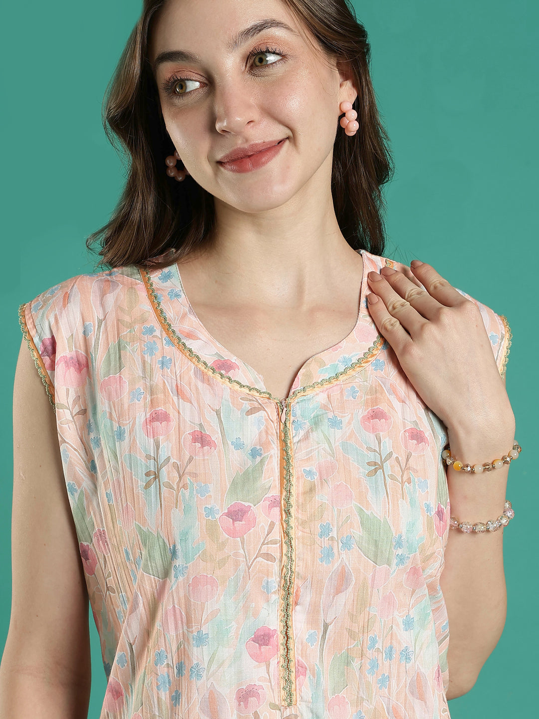 Pastel peach floral sleeveless bamboo cotton womens nighty