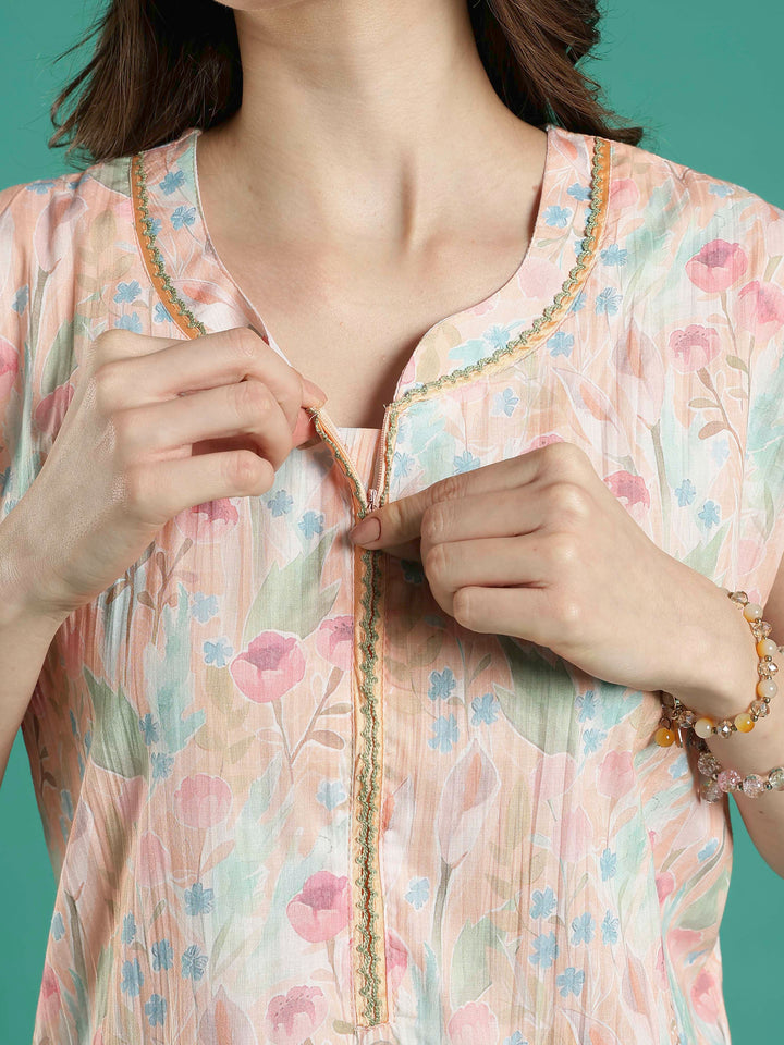 Pastel peach floral sleeveless bamboo cotton womens nighty