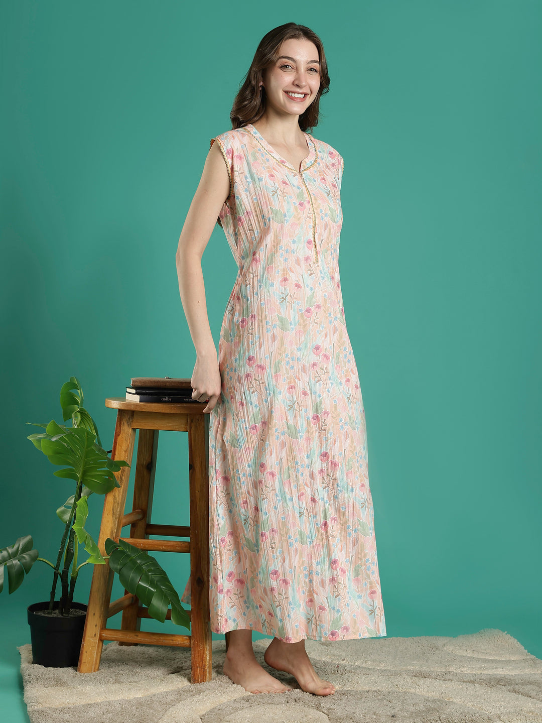 Pastel peach floral sleeveless bamboo cotton womens nighty