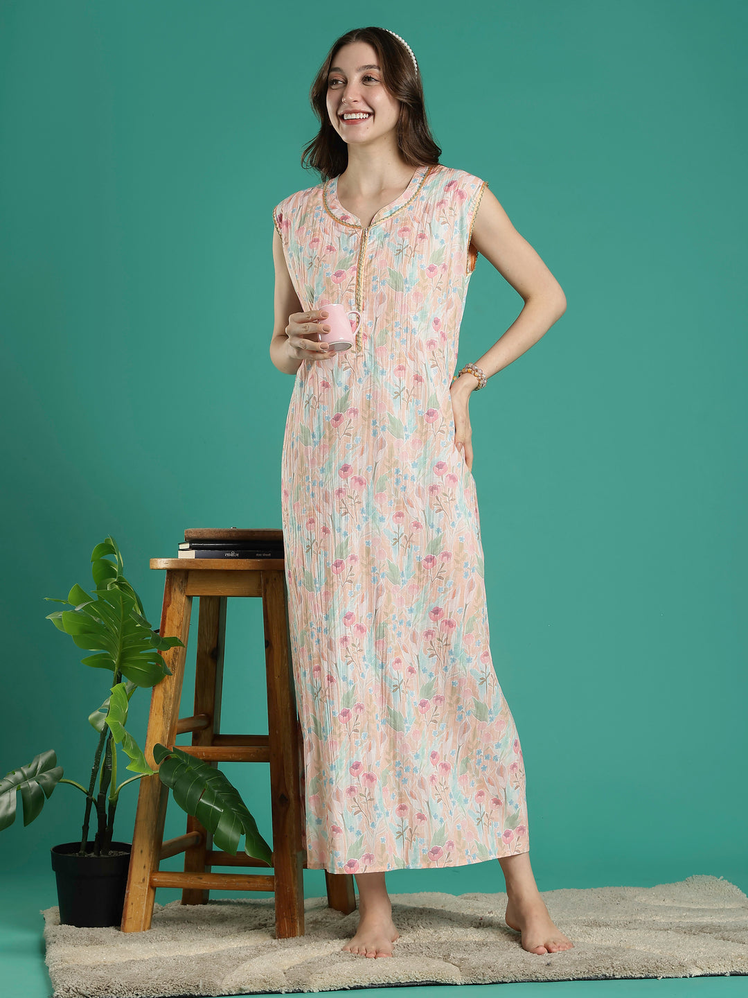 Pastel peach floral sleeveless bamboo cotton womens nighty
