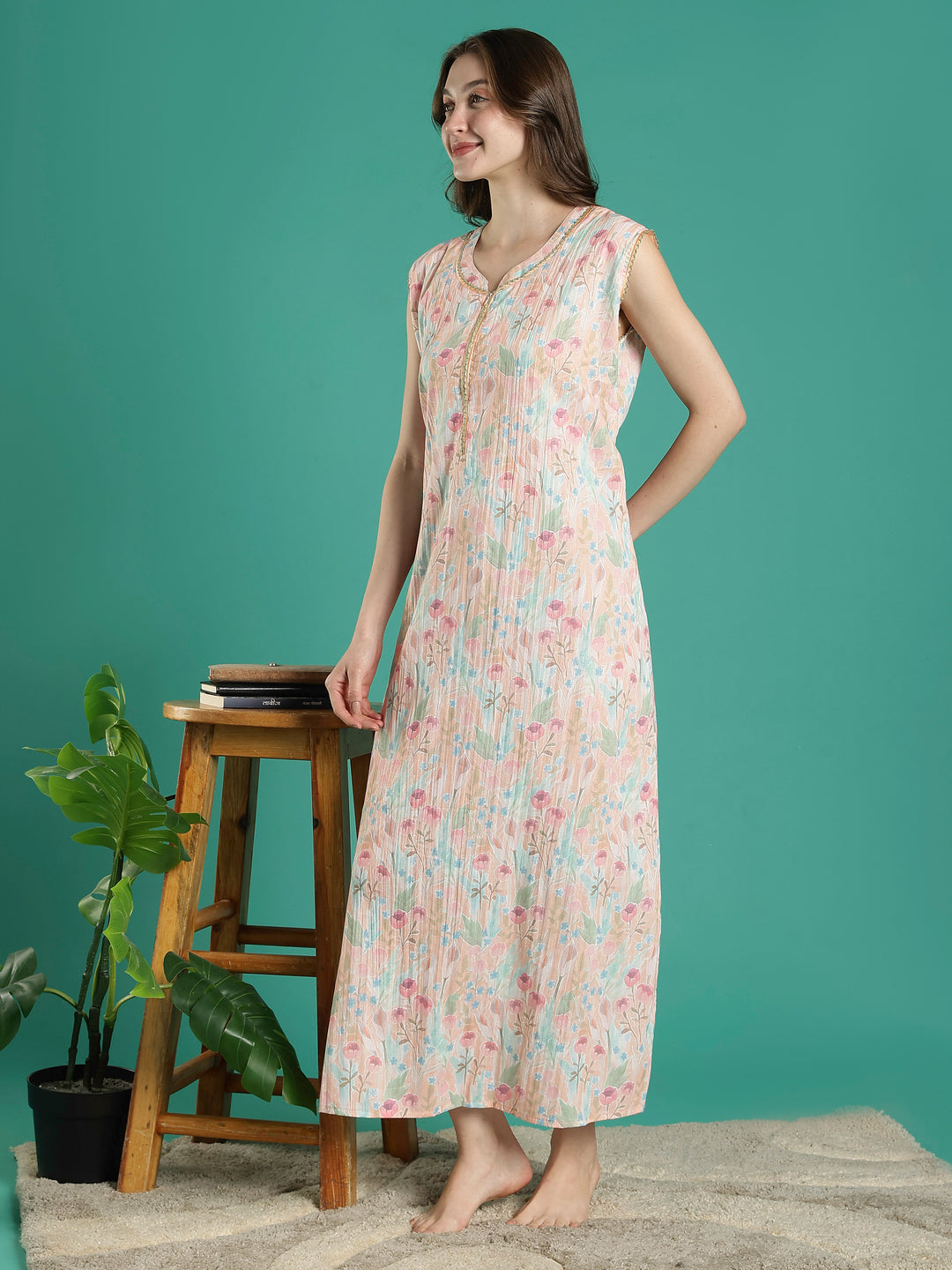 Pastel peach floral sleeveless bamboo cotton womens nighty