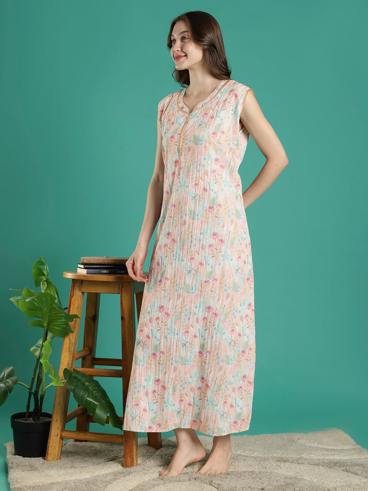 Pastel peach floral sleeveless bamboo cotton womens nighty