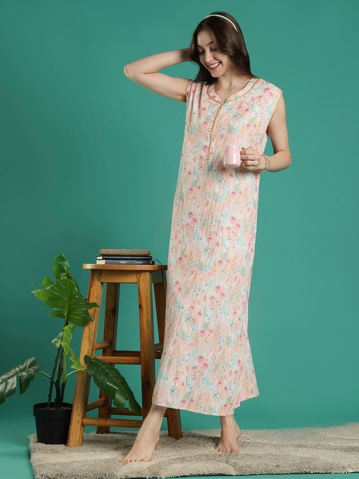 Pastel peach floral sleeveless bamboo cotton womens nighty
