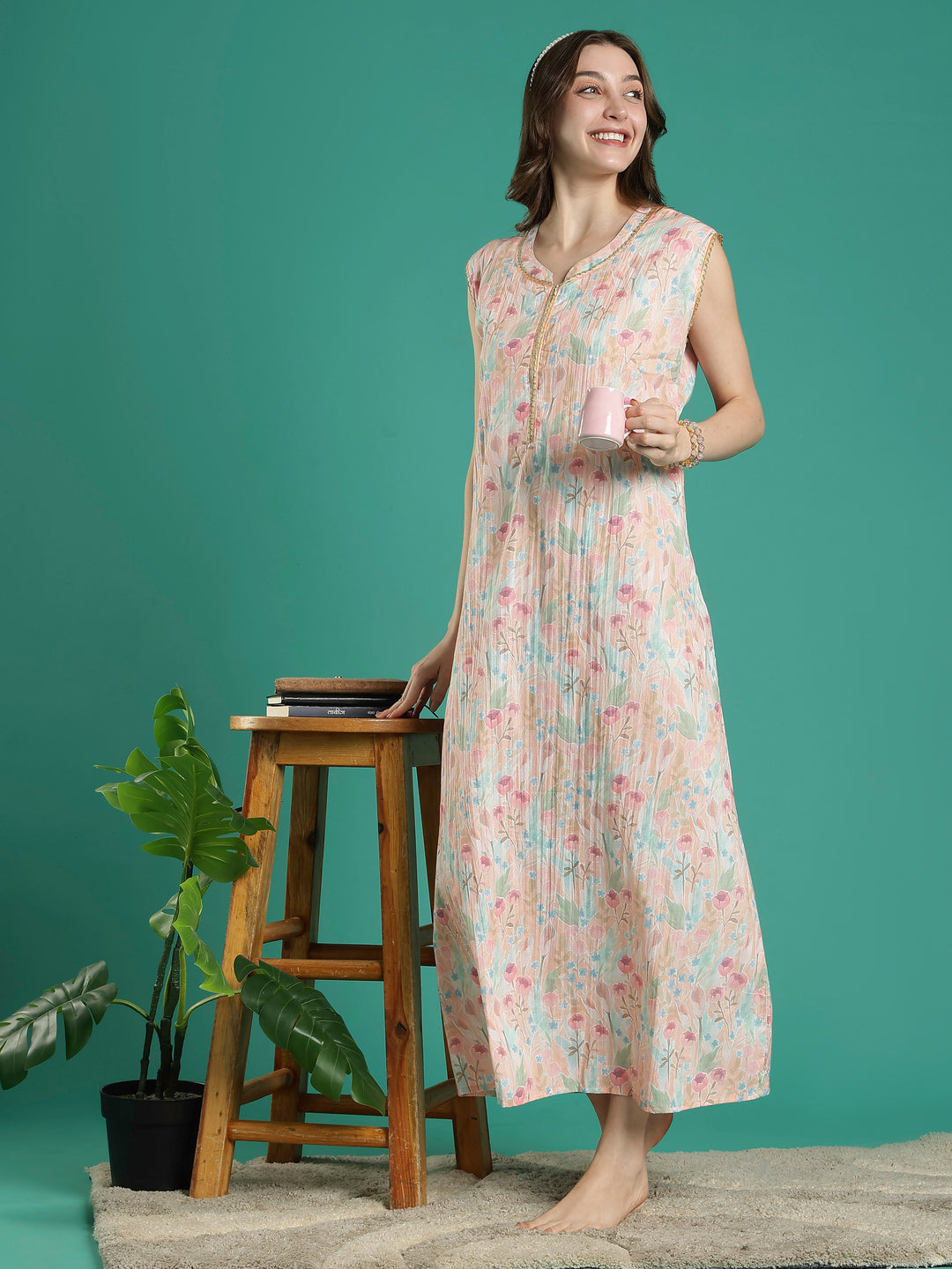 Pastel peach floral sleeveless bamboo cotton womens nighty