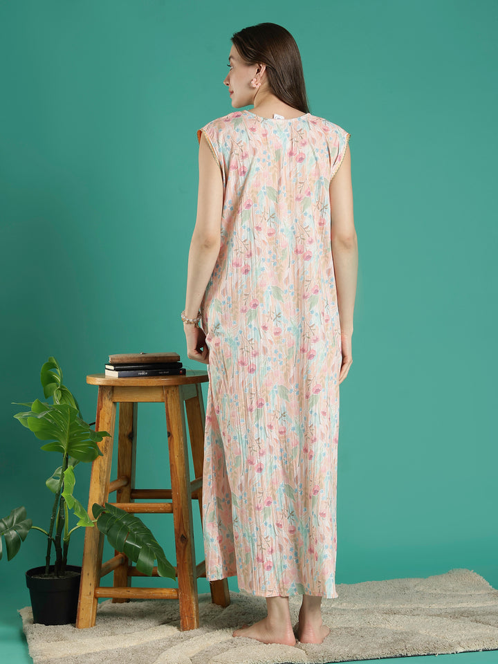 Pastel peach floral sleeveless bamboo cotton womens nighty