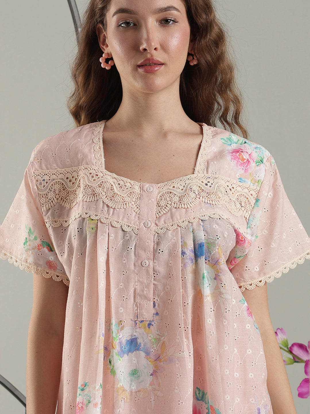 Trendy floral peach pure cotton designer nighty for ladies