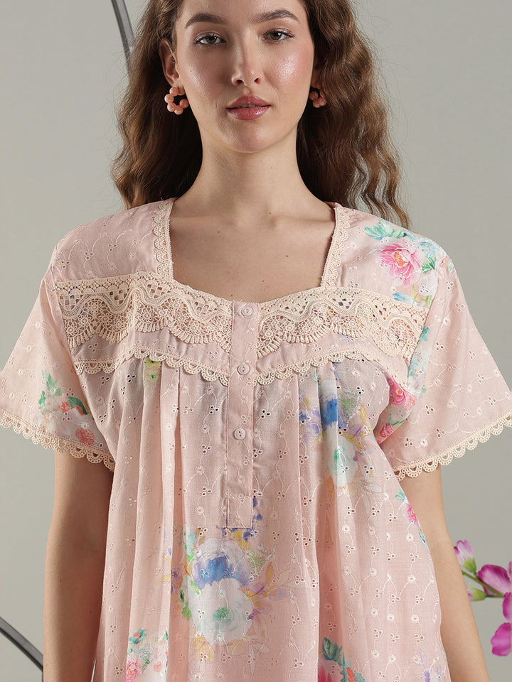 Trendy floral peach pure cotton designer nighty for ladies