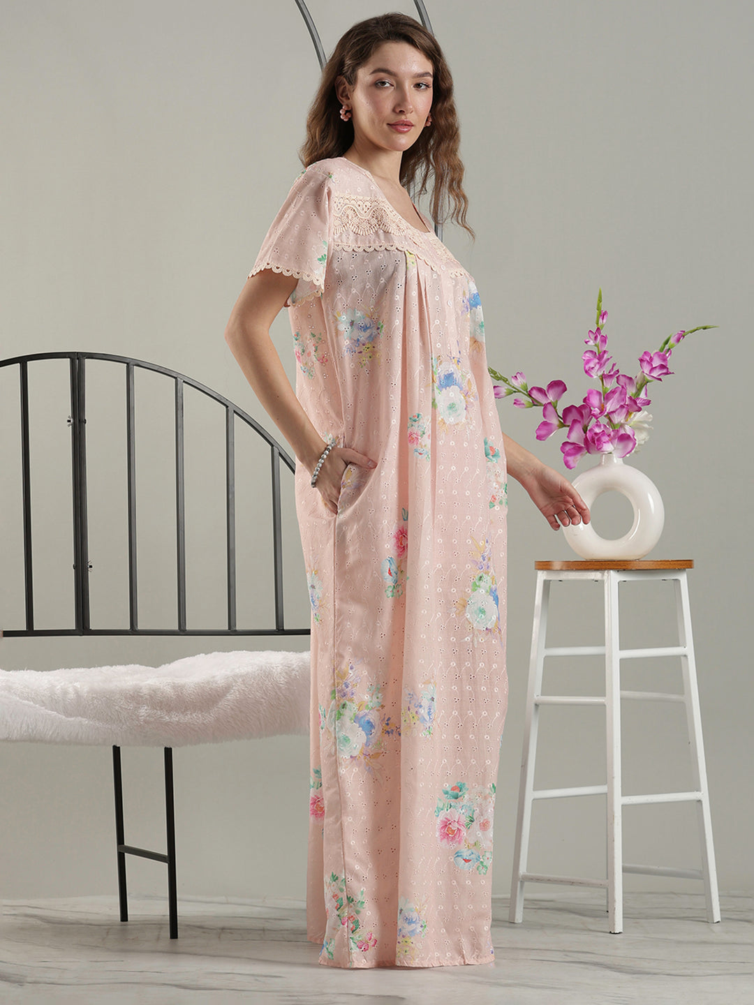 Trendy floral peach pure cotton designer nighty for ladies