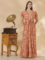 Peach Floral Frock Style Alpine Nighty for Women