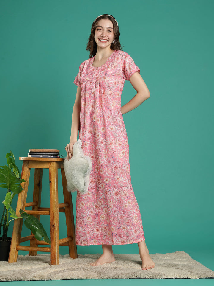 Peach pink hakoba cotton viscose nighty for women