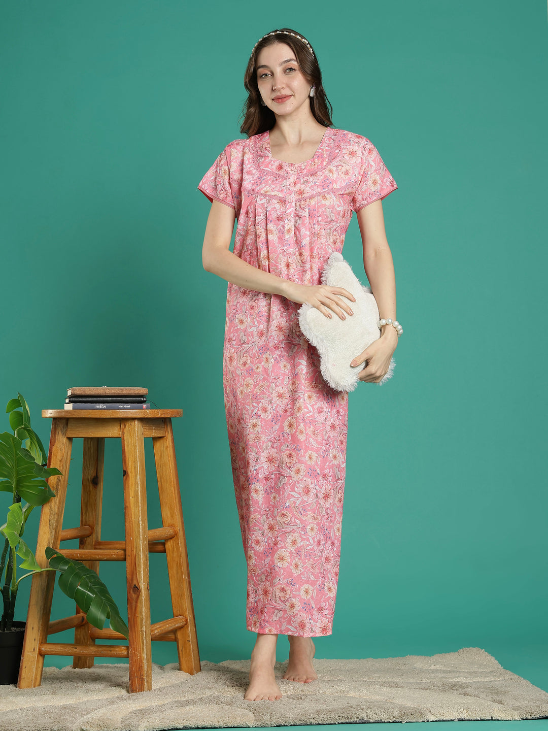 Peach pink hakoba cotton viscose nighty for women