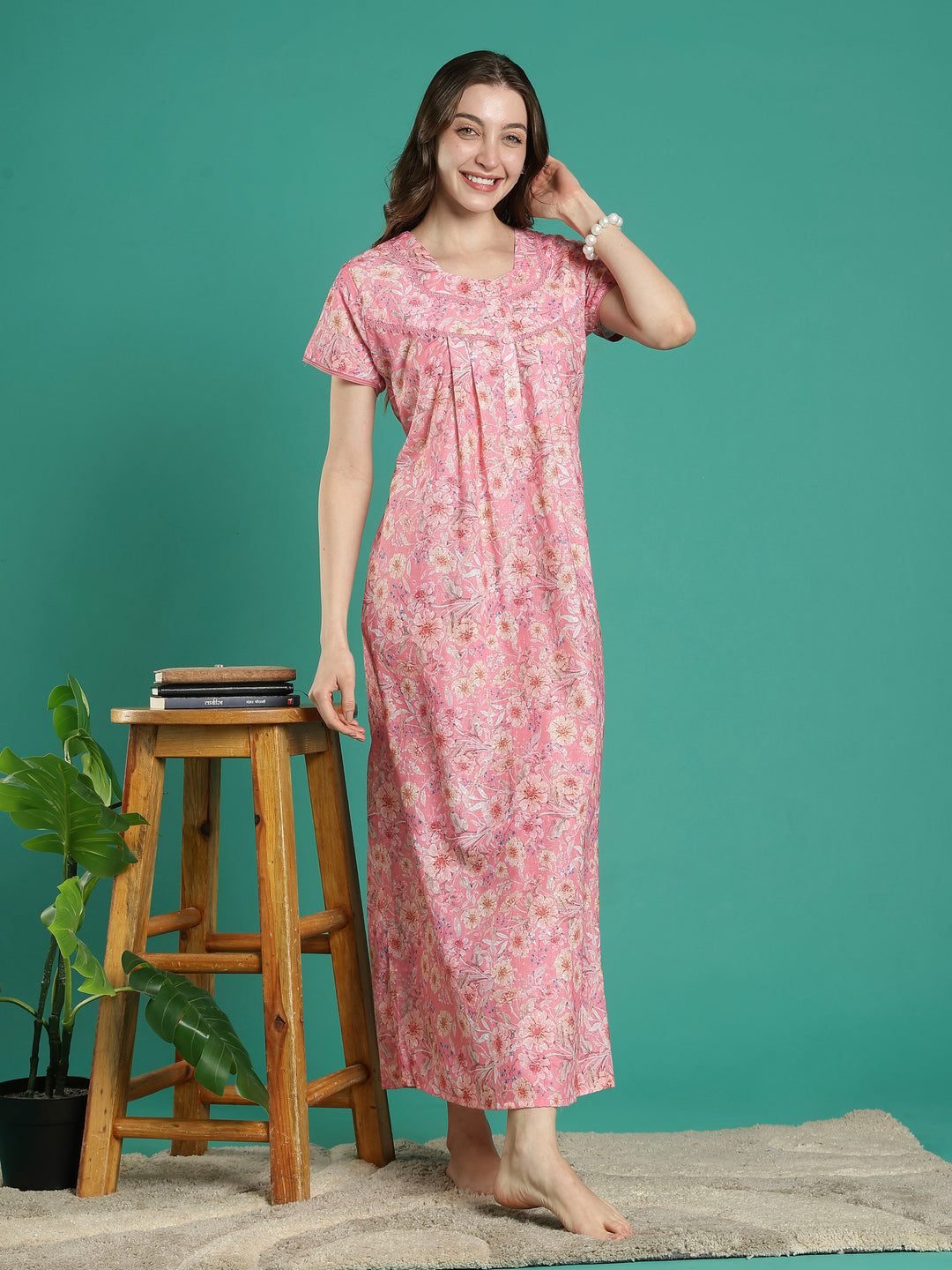 Peach pink hakoba cotton viscose nighty for women