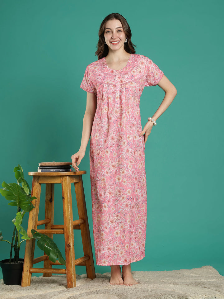 Peach pink hakoba cotton viscose nighty for women